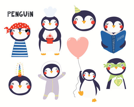 Set of cute penguin illustrations, pirate, astronaut, superhero, unicorn, reading book. Isolated objects on white background. Hand drawn vector. Scandinavian style flat design. Concept children print.