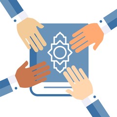 Hands on the Koran. Flat vector design, white background.