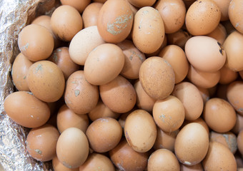 Background of fresh domestic eggs. Organic food