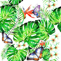 beautiful  flowers ,pattern,palm leaves, watercolor on a white