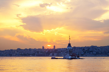 Sunset in Istanbul, Turkey. View of the Maiden Tower and the Bosphorus