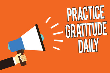Writing note showing Practice Gratitude Daily. Business photo showcasing be grateful to those who helped encouarged you Man holding megaphone loudspeaker orange background message speaking