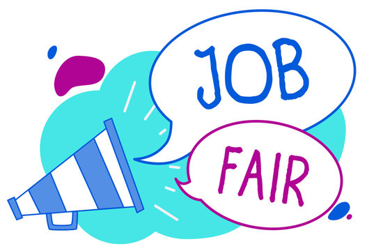 Conceptual hand writing showing Job Fair. Business photo text An event where a person can apply for a job in multiple companies Megaphone loudspeaker loud screaming idea talking speech bubbles