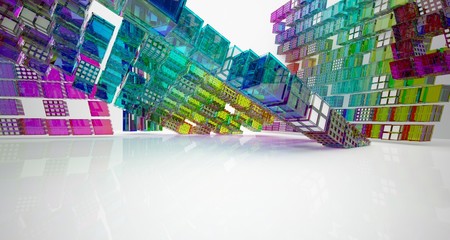 Abstract white and colored gradient glasses interior multilevel public space with window. 3D illustration and rendering.
