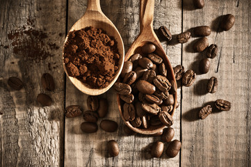 Coffee beans and ground close-up