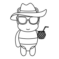 cute female hippo with summer hat and pineapple cocktail