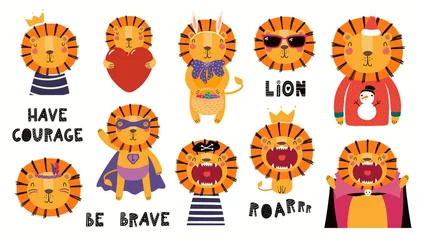 Door stickers Illustrations Set of cute lion illustrations, king, pirate, superhero, Easter , Christmas, Halloween. Isolated objects on white background. Hand drawn vector. Scandinavian style flat design. Concept children print.