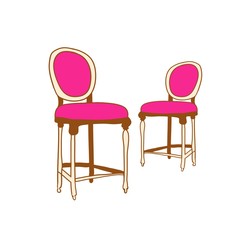 Image of vintage chairs, with soft seats and high legs, color hand-drawn illustration in vector