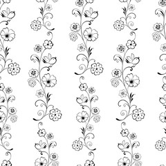 Seamless pattern of outlines of decorative flowers and birds