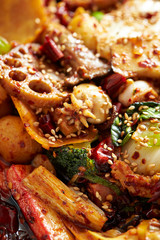 Korean spicy stir fried vegetables and seafood