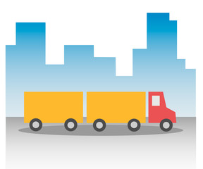 Truck lorry with a red cab and a yellow body and trailer in the background the silhouette of urban skyscrapers city. Under the wheels of the road in the fog.  Vector icon flat simple style.