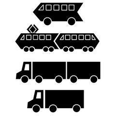 Set collection of black silhouettes of city traffic tram metro electric train truck trailer.  Vector icon flat simple cartoon style.