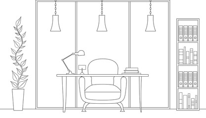 Office interior in outline style . Vector linear illustration. Workplace with table and furniture. Cabinet plan.