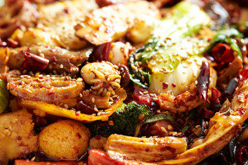 Korean spicy stir fried vegetables and seafood