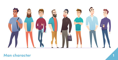 People character design collection. Modern cartoon flat style. Males or manegers stand together. Young professional males poses.