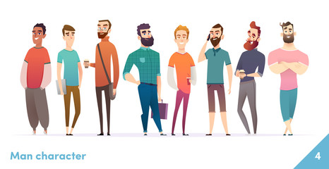 People character design collection. Modern cartoon flat style. Males or manegers stand together. Young professional males poses.