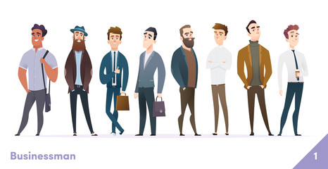 Businessman or people character design collection. Modern cartoon flat style. Young professional males poses.