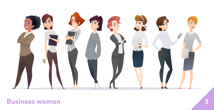 Business women character design collection. Modern cartoon flat style. Females stand together. Young professional females poses.
