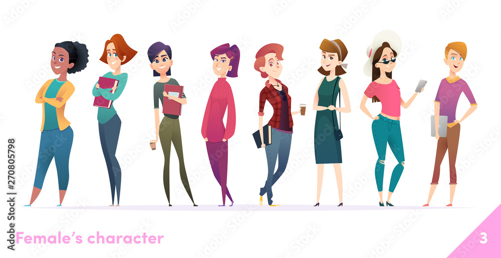 Wall mural women character design collection. modern cartoon flat style. females stand together. young females 