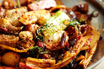 Korean spicy stir fried vegetables and seafood - obrazy, fototapety, plakaty