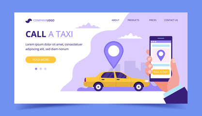 Call a taxi landing page. Concept illustration with taxi car and hand holding a smartphone.