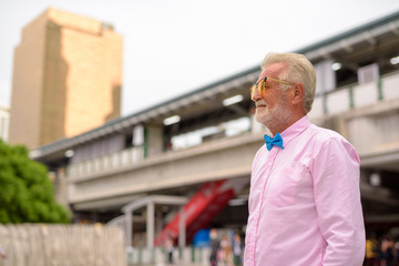 Handsome senior tourist man exploring the city of Bangkok, Thail