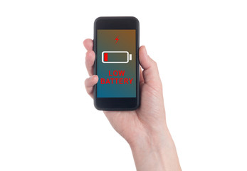 Hand holding black Smartphone with blank screen on white backgroun. Battery charge indicator. Low charging level Battery.