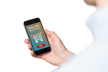 Human hand holding mobile phone with shopping basket and pay button on the screen. Mobile payment concept. Online and mobile shopping