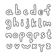 Cute cartoon handwritten english alphabet with lowercase outline comic letters. Sweet vector black and white handwritten english alphabet. Isolated monochrome doodle handwritten english alphabet.