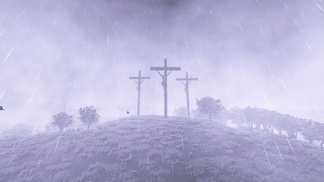 Jesus on cross, time lapse sunrise, raining