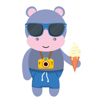 hippo with photographic camera and ice cream