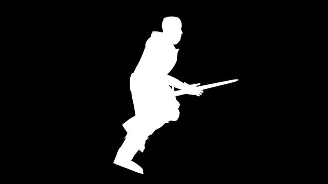 White silhouette of a medieval warrior. Alpha channel. Alpha matte. FullHD.