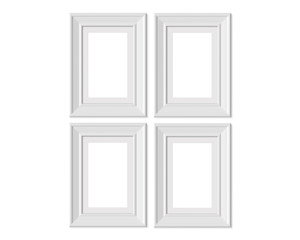Set 4 2x3 A4 Vertical Portrait picture frame mockup. Framing mat with wide borders. Realisitc paper or plastic white blank. Isolated poster frame mock up template on white background. 3D render.