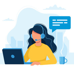 Customer service. Woman with headphones and microphone with laptop. Concept illustration for support, call center. - obrazy, fototapety, plakaty