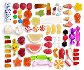 Various colorful candies isolated on white background, flat lay