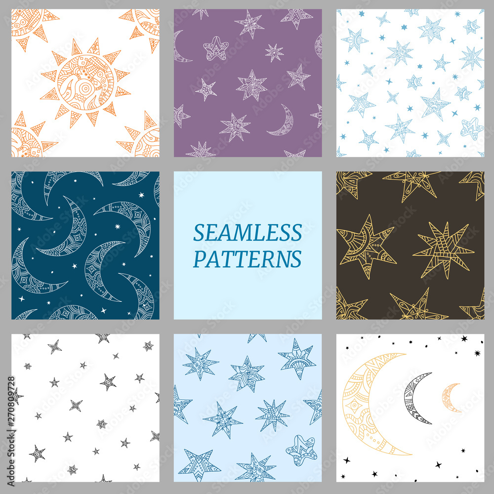 Poster set of simless patterns with hand-drawn stars, sun and moon. a collection of vector backgrounds on t