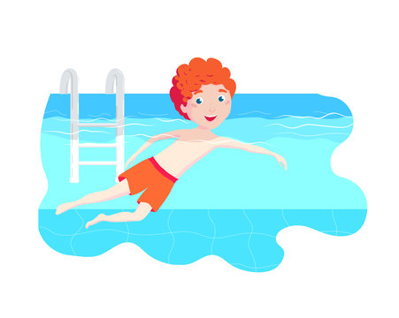 The boy swims in the pool. Swimming lessons for children. Sport and outdoor activities.