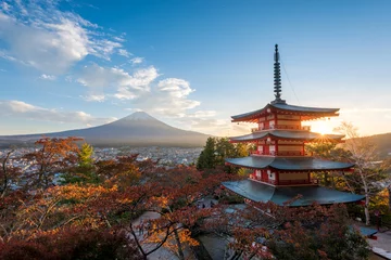 Papier Peint photo Mont Fuji chureito pagode and mount fuji at sunset