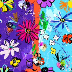 Fototapeta na wymiar abstract background composition, with paint strokes, splashes and flowers, seamless