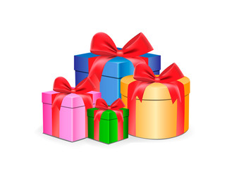 multi-colored gift boxes different shapes with red ribbons isolated on a white background vector illustration