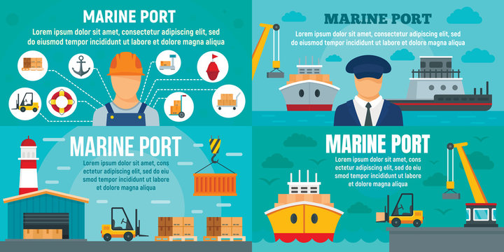 Marine port banner set. Flat illustration of marine port vector banner set for web design