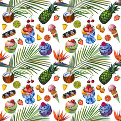 Watercolor pattern with tropical fruts, sweets and flowers. Seamless pattern