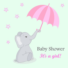 Invitation card baby shower with elephant for girl. Cute elephant with an umbrella on a turquoise background with stars. Birthday greetings card with flat elephant. vector EPS10