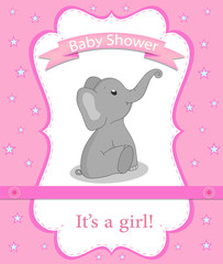 Greeting card with elephant for a girl on Baby Shower. Pink background. Baby shower invitation card with grey elephant. Vector illustration eps10
