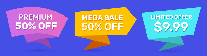 Vector set of cartoon color price speech bubble on blue background with shadow.