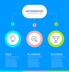 Vector infographic template with 3 circle, business icons, steps and options on blue color background.