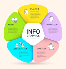 Vector infographic pie chart template with 5 steps, parts, options, sectors, stages on color background.