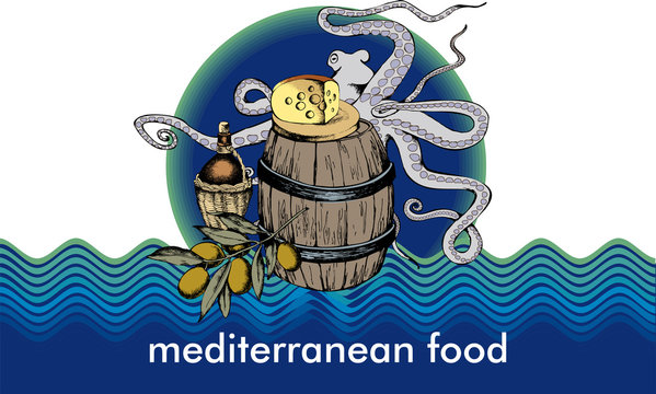 mediterranean food vector illustration. engraved style