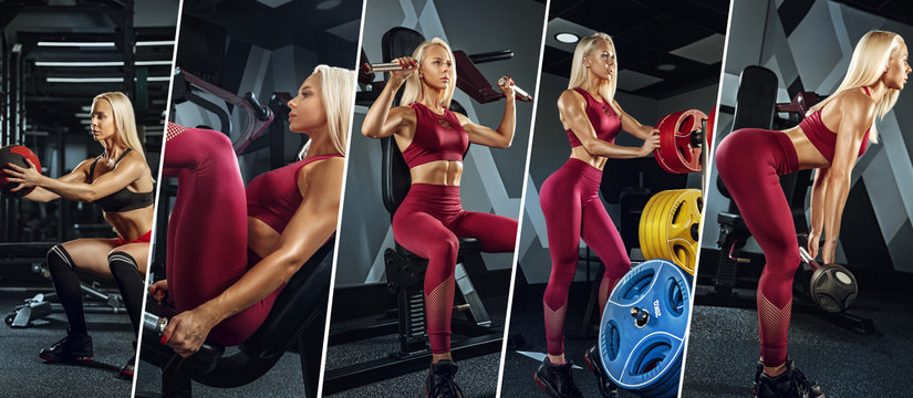 Muscular young female athlete, creative collage with the different photos of one model. Caucasian woman exercising at the gym. Concept of cross-fit, fitness, motion, sport, bodybuilding, weight loss.