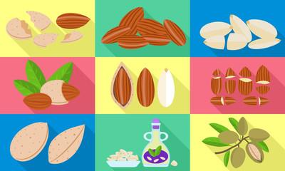 Almond icons set. Flat set of almond vector icons for web design